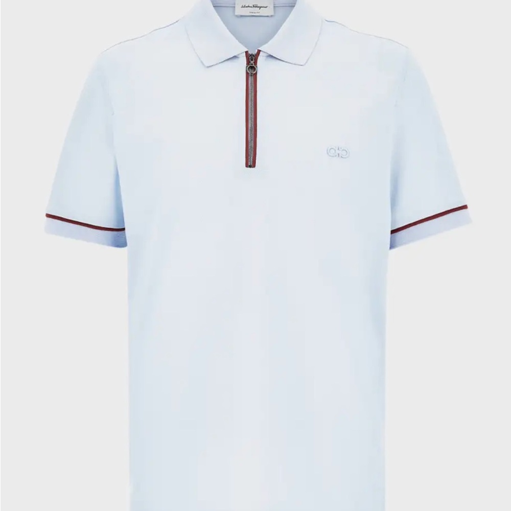 Salvatore Ferragamo Light Blue Polo with Contrast Zip Trim
